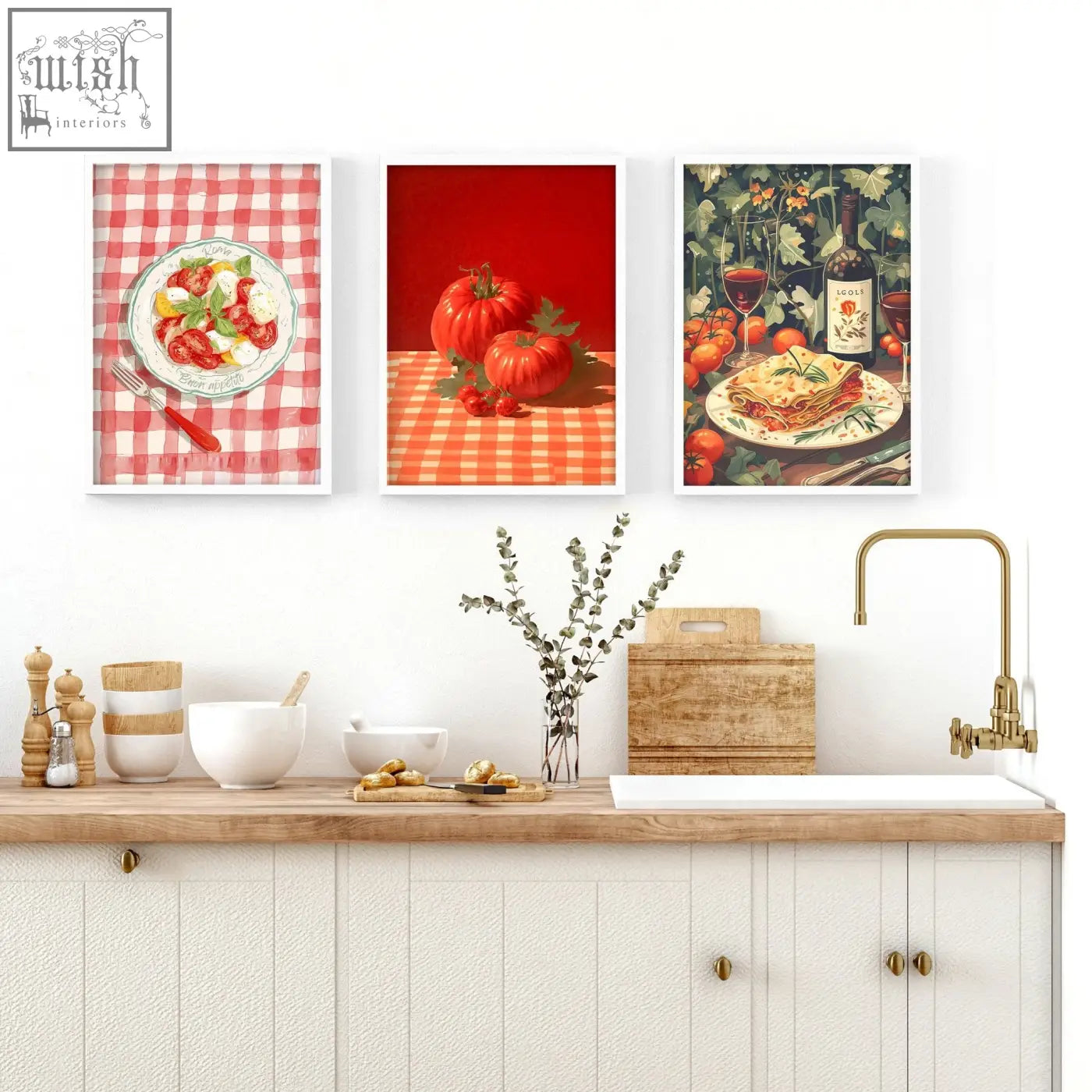 Three framed italian lifestyle wall art prints hang above a kitchen counter as stylish kitchen wall decor