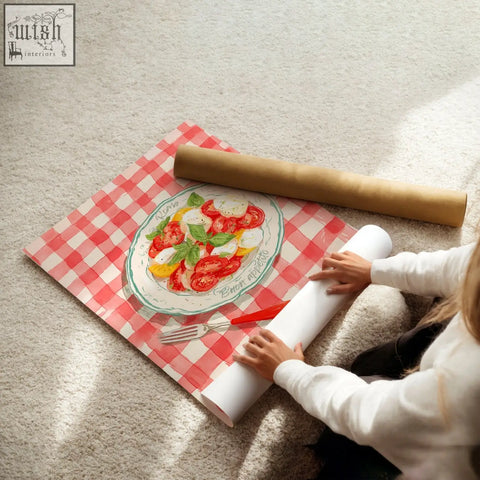 Red and white checkered plastic tablecloth with caprese salad print perfect for italian lifestyle kitchen wall art