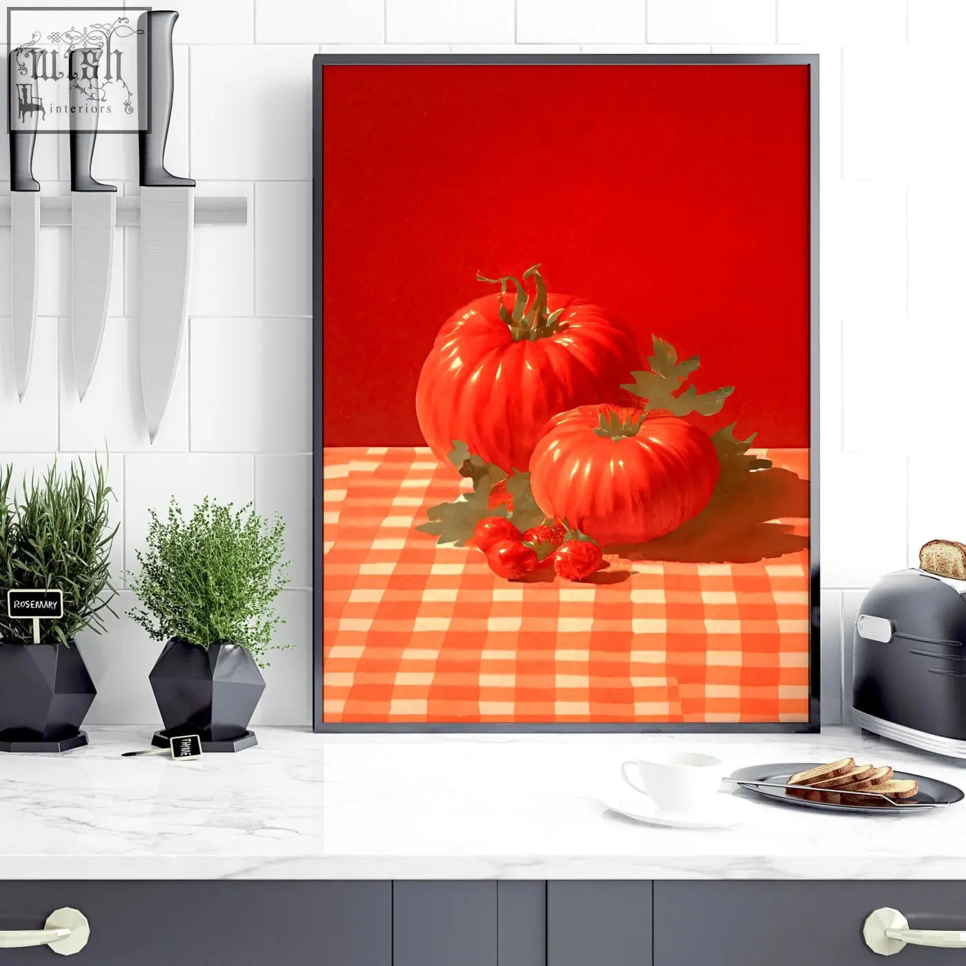 Framed kitchen wall art featuring vibrant red tomatoes with green stems on an orange checkered cloth for italian lifestyle decor