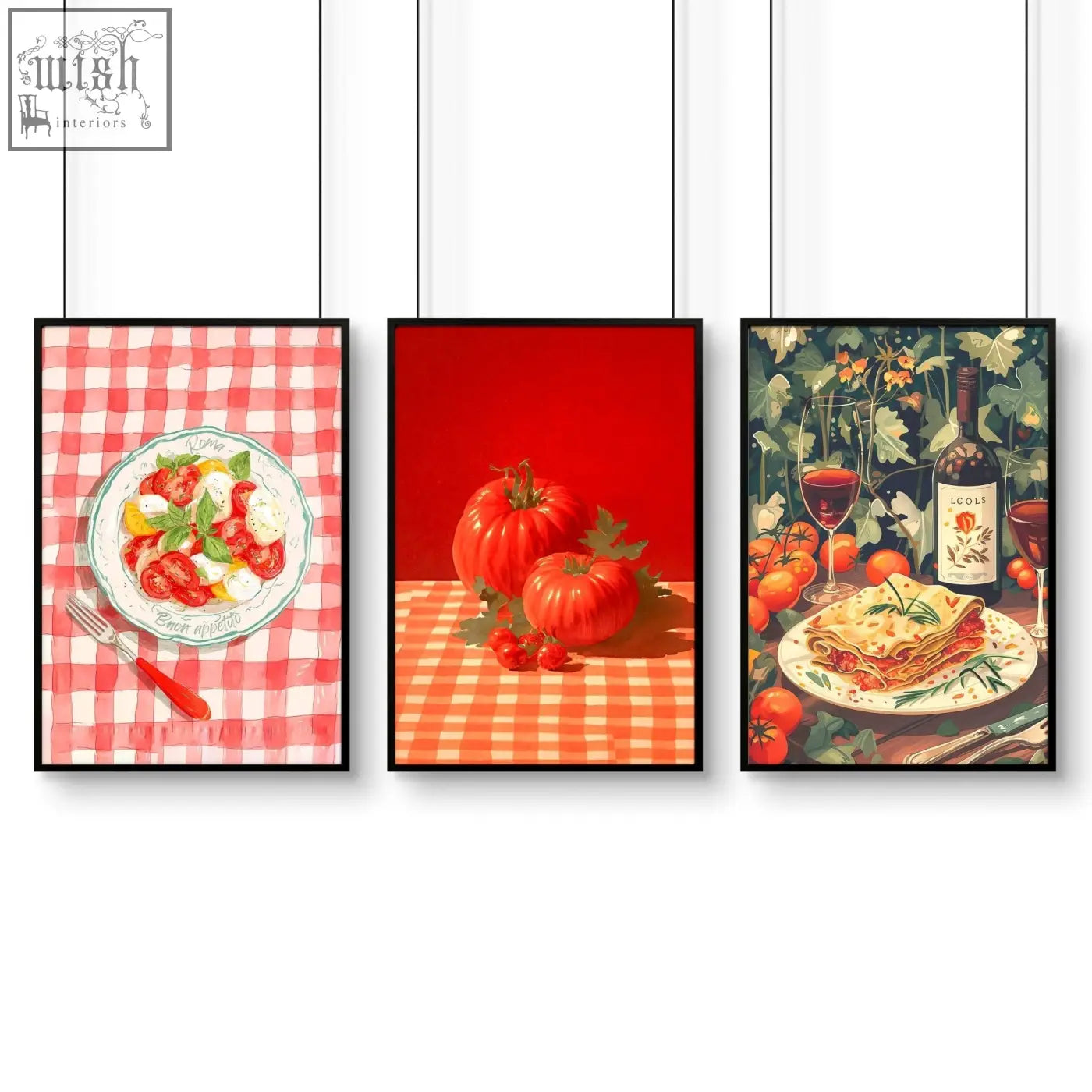 Three framed vibrant italian lifestyle wall art prints perfect for kitchen wall decor with distinct colors and scenes