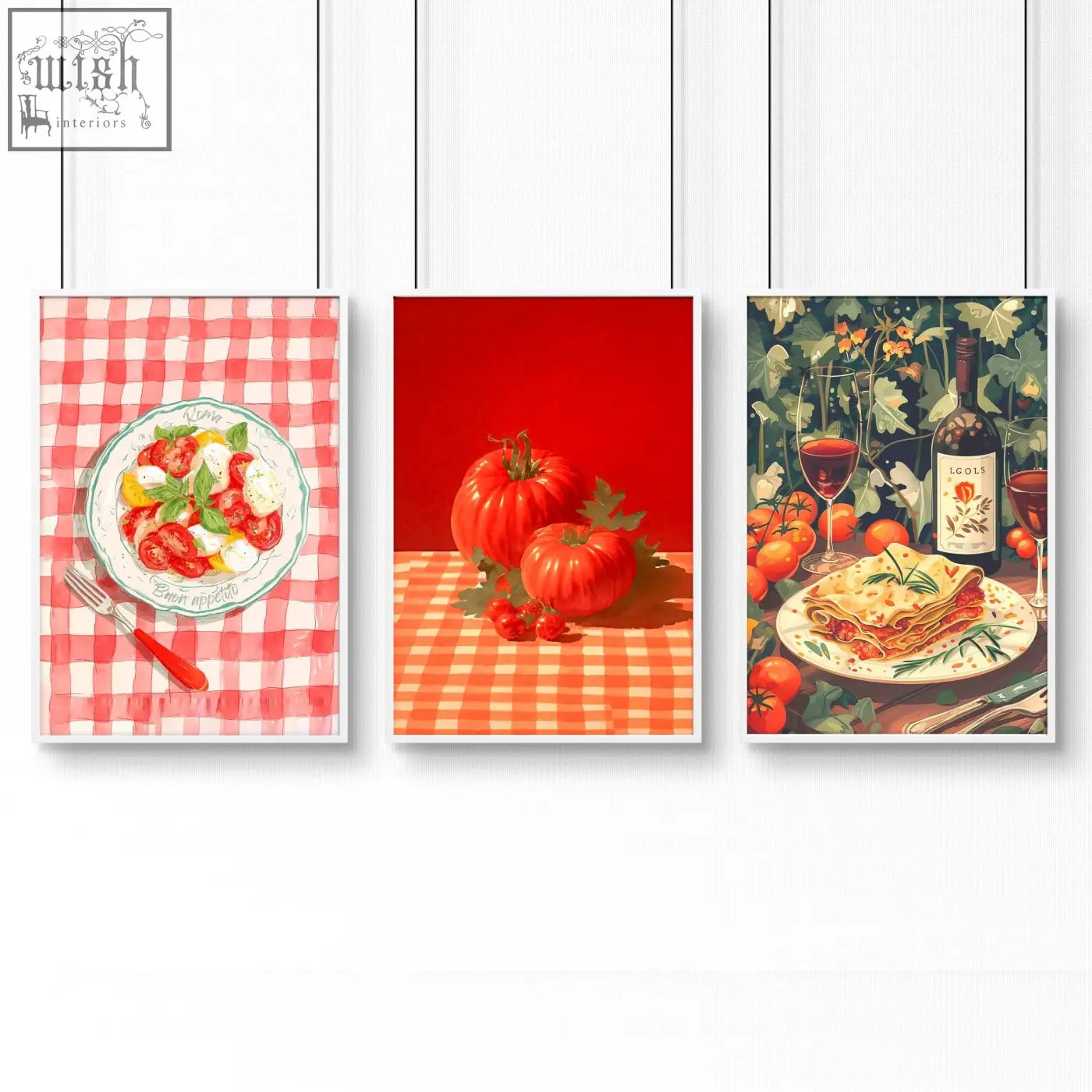 Three framed italian lifestyle wall art prints with different illustration styles perfect for kitchen wall decor