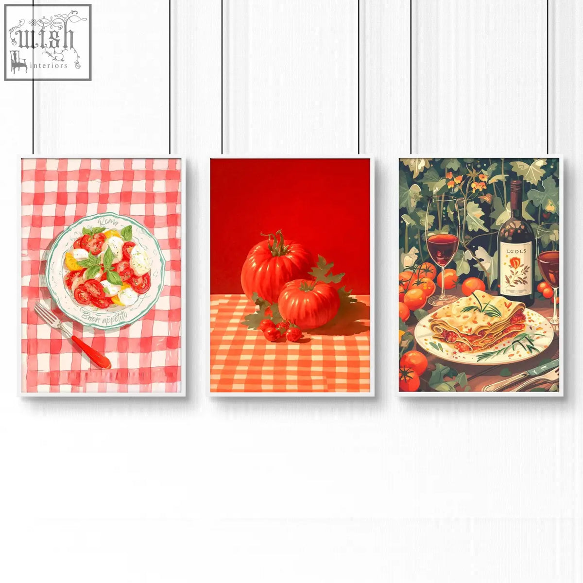 Three framed italian lifestyle wall art prints with different illustration styles perfect for kitchen wall decor