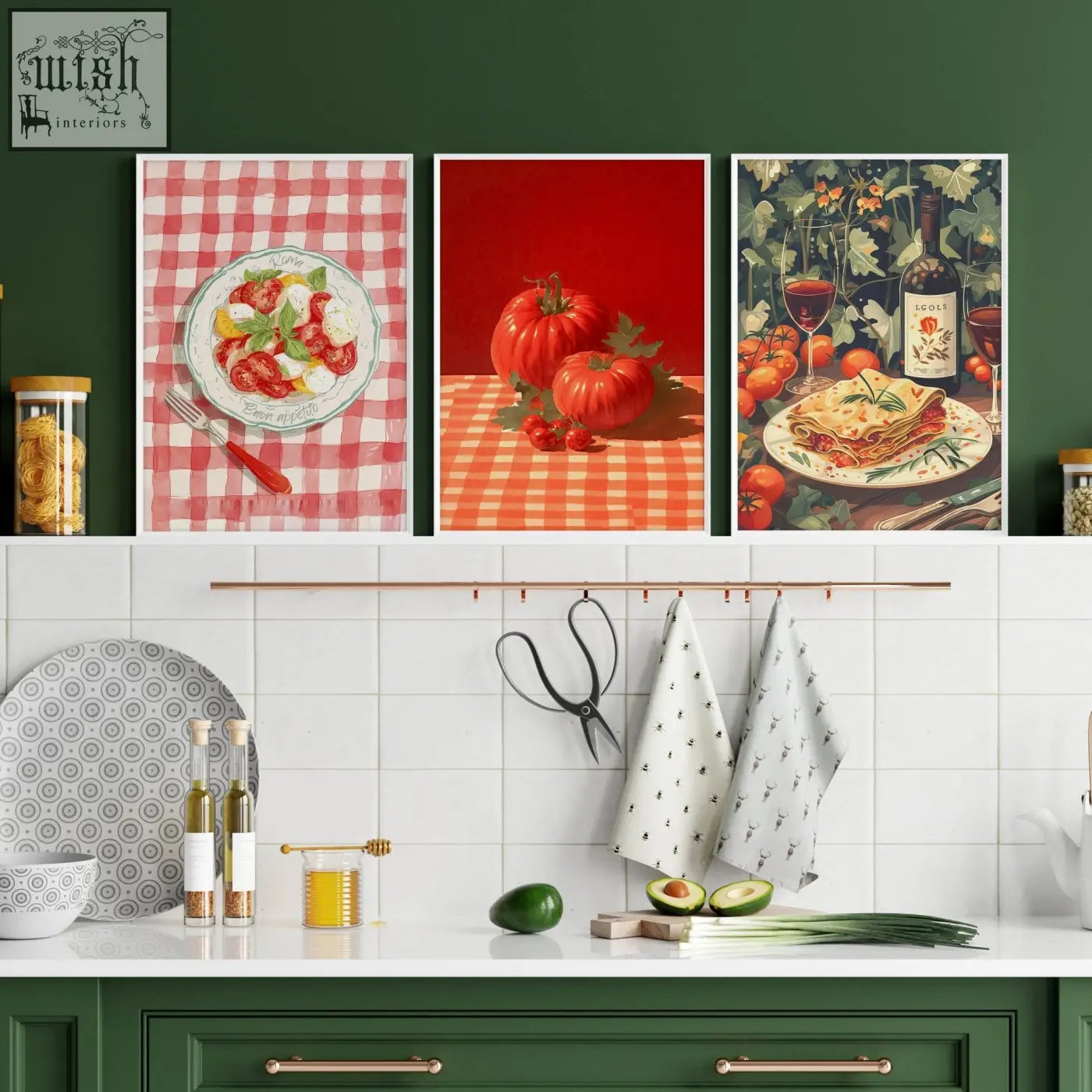 Three framed italian lifestyle kitchen wall art prints with vibrant red and green pasta and wine illustrations above tiles