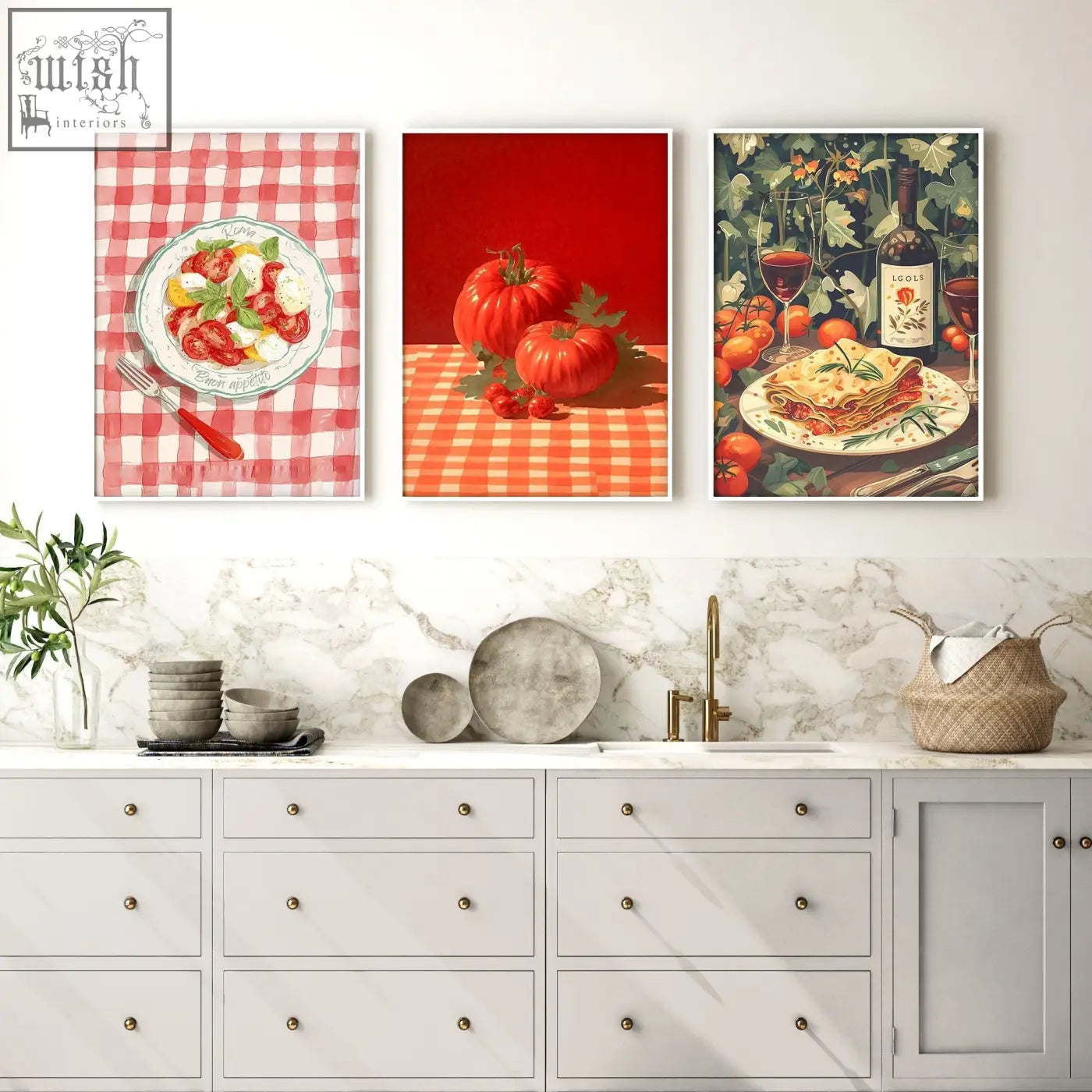 Three framed italian lifestyle wall art prints hang above a white marble kitchen wall countertop
