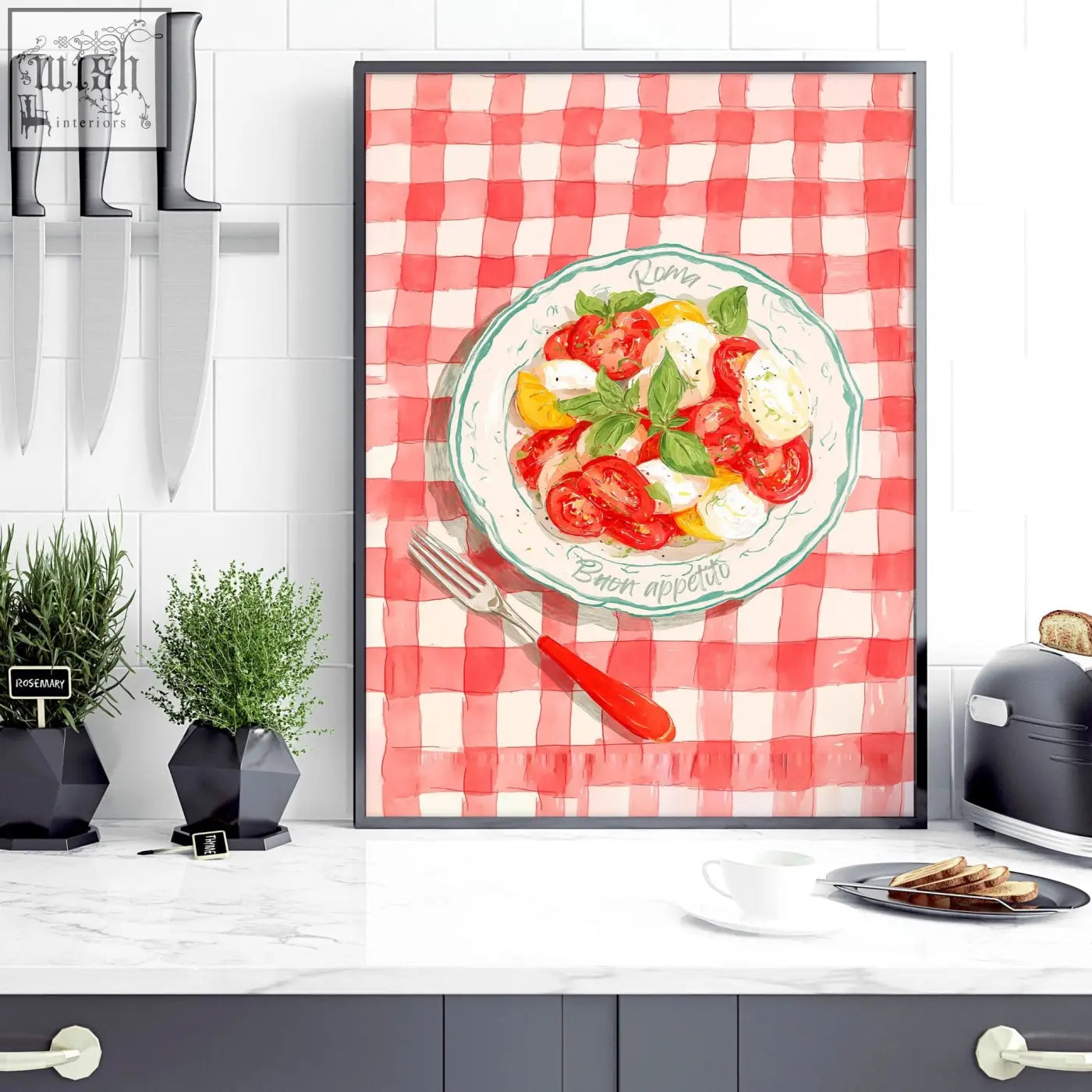 Red and white checkered canvas print of italian lifestyle wall art featuring watercolor caprese salad for kitchen wall decor