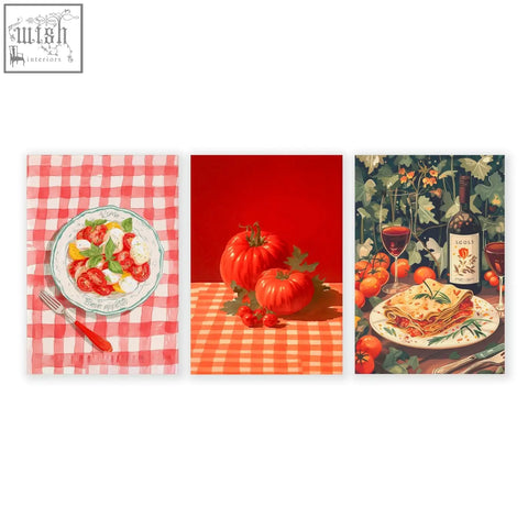 Set of 3 vibrant italian lifestyle wall art prints featuring caprese salad tomatoes and lasagna for kitchen wall decor