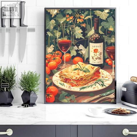 Framed canvas print of vibrant lasagna with red wine and tomatoes perfect italian lifestyle wall art for kitchen wall