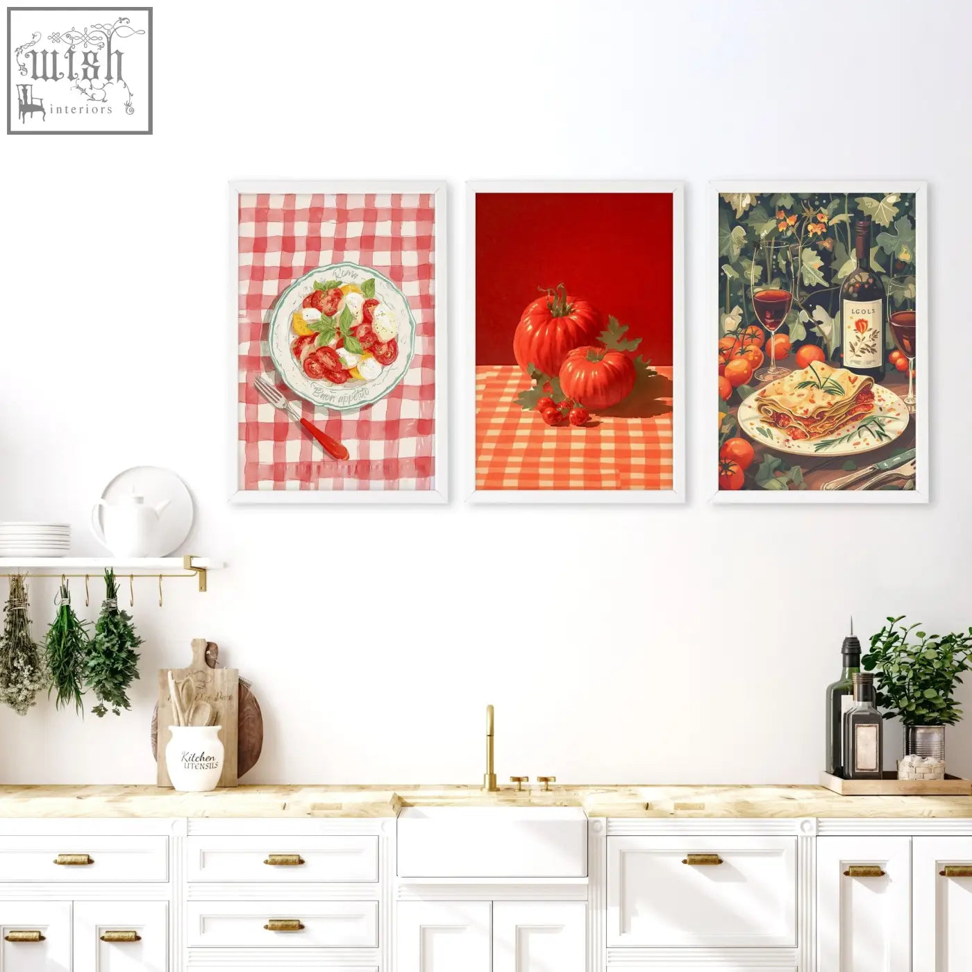 Three framed italian lifestyle wall art prints with vibrant reds and greens hang on a kitchen wall above a white counter