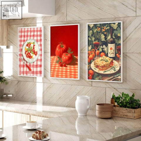 Set of 3 italian lifestyle wall art prints with white frames and vibrant red orange backgrounds for kitchen wall decor
