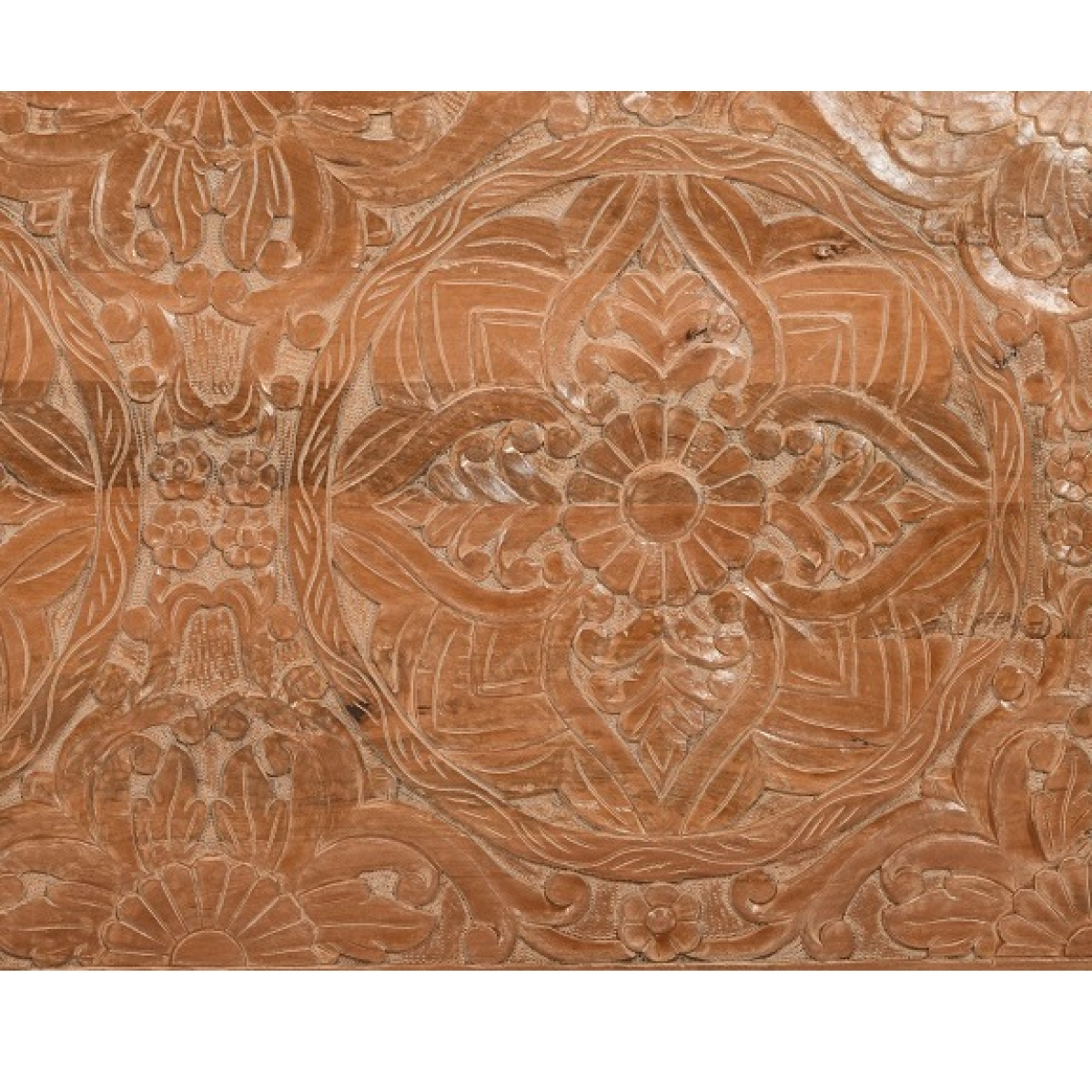 Hand carved mango wood artwork bedframe headboard with intricate floral and geometric patterns in warm brown finish