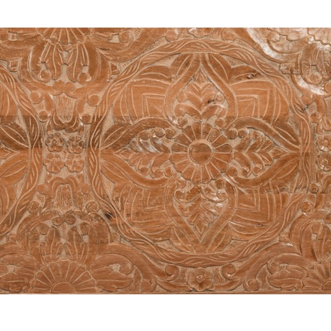Hand carved mango wood artwork bedframe headboard with intricate floral and geometric patterns in warm brown finish