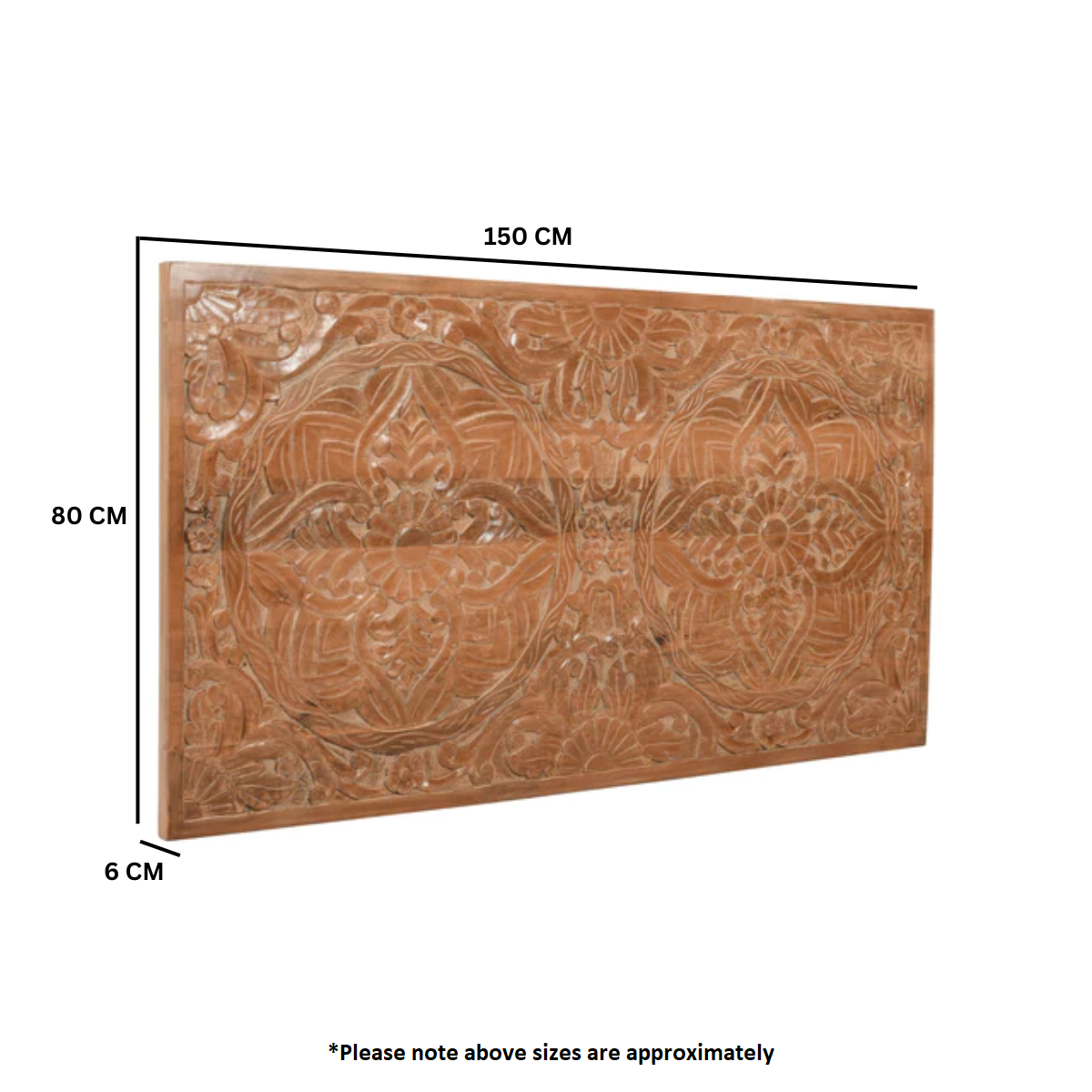A light brown mango wood bedframe headboard panel with intricate carved floral and geometric patterns