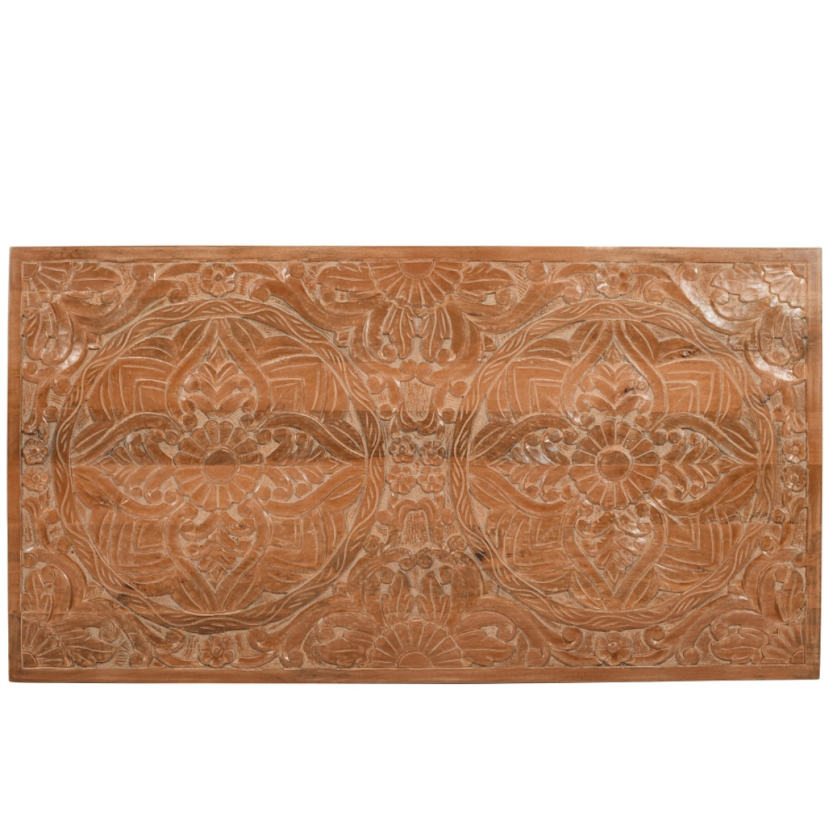 Rectangular mango wood bedframe headboard with intricate carved floral and geometric patterns in warm natural tone