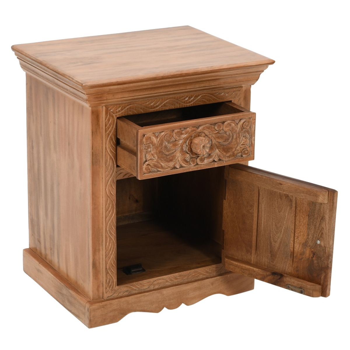 Hand-carved artwork mango wood bedside table with floral patterns and open drawer showcasing storage space
