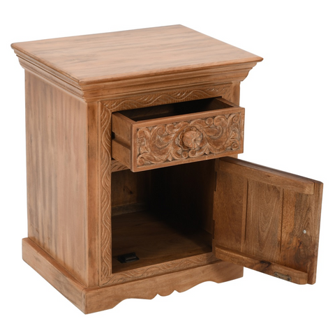 Hand-carved artwork mango wood bedside table with floral patterns and open drawer showcasing storage space