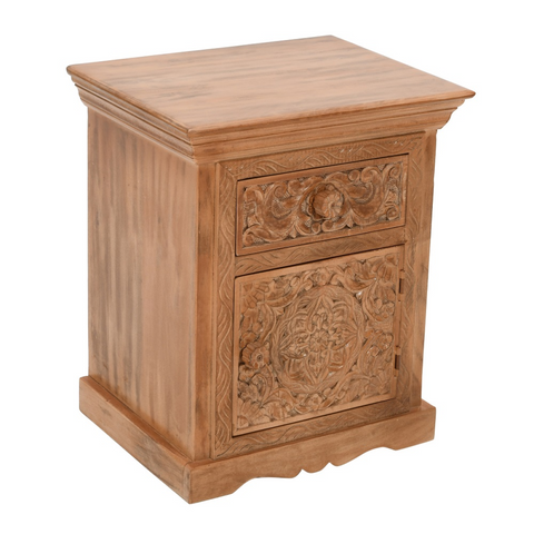 Hand-carved artwork mango wood bedside table with intricate floral patterns and warm natural finish storage drawer