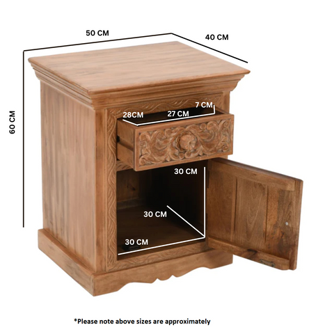 A light brown artwork mango wood bedside table with storage featuring a carved drawer and open door 50x40x60 cm