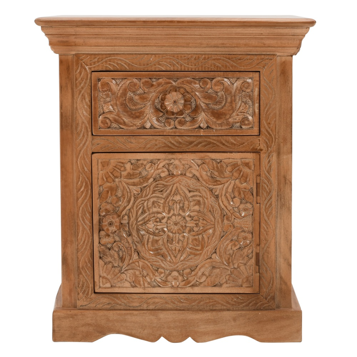 A rustic honey-toned artwork mango bedside table with intricate floral carvings crafted from mango wood with storage
