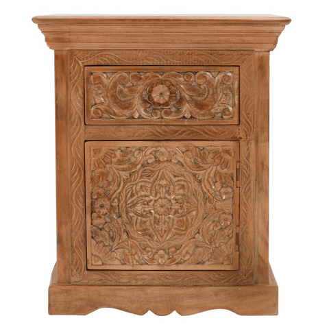 A rustic honey-toned artwork mango bedside table with intricate floral carvings crafted from mango wood with storage