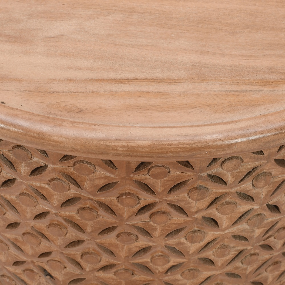 Artwork mango wood coffee table round light wood with smooth top and carved geometric base design