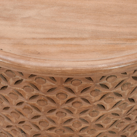 Artwork mango wood coffee table round light wood with smooth top and carved geometric base design