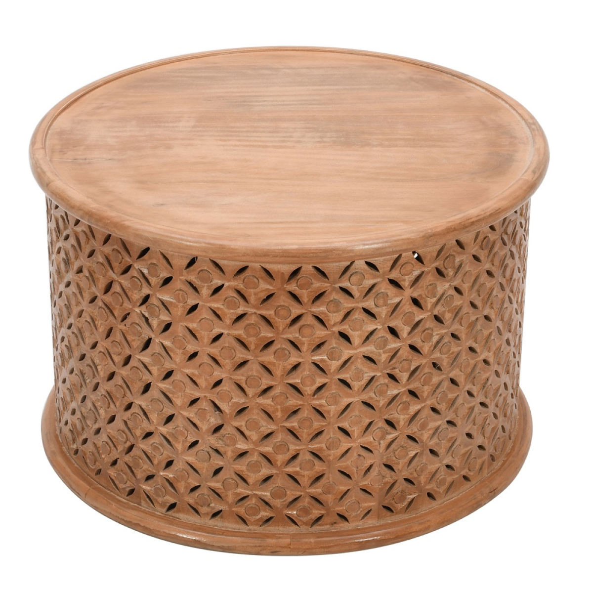 A round light brown artwork mango wood coffee table with a smooth top and carved lattice sides