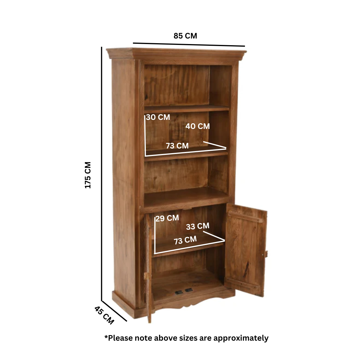 A rustic artwork mango wood large bookcase with warm brown finish featuring three shelves and one open cabinet door