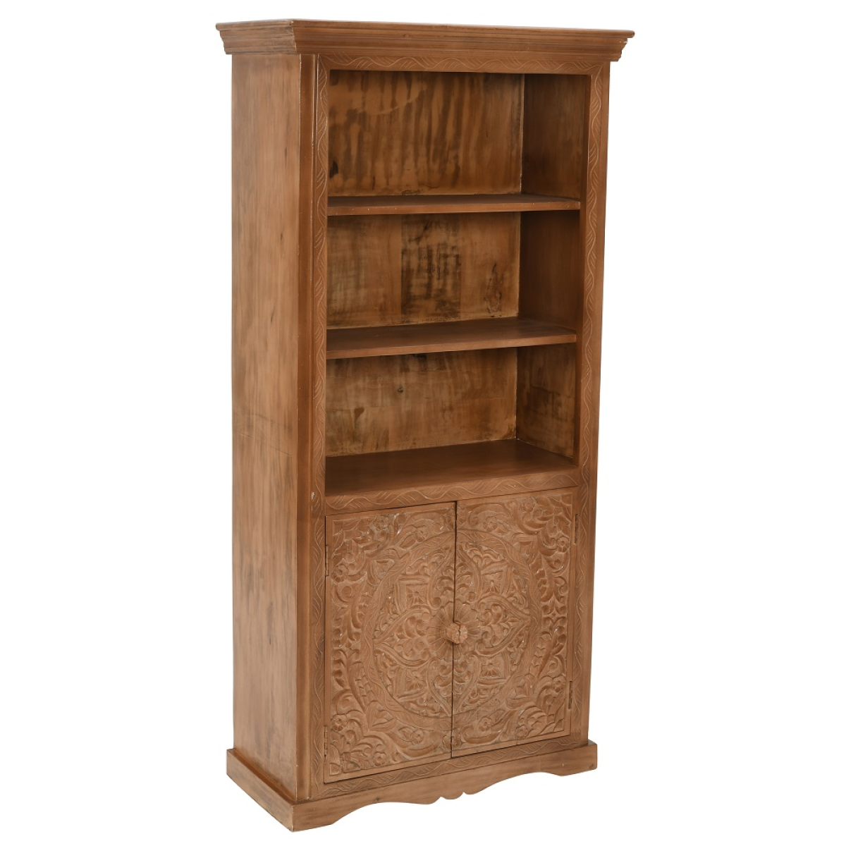 A rustic artwork mango large bookcase in warm natural mango wood with carved ornate doors and three open shelves