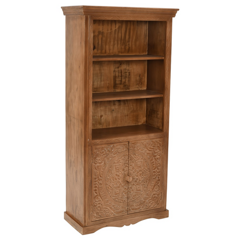 A rustic artwork mango large bookcase in warm natural mango wood with carved ornate doors and three open shelves