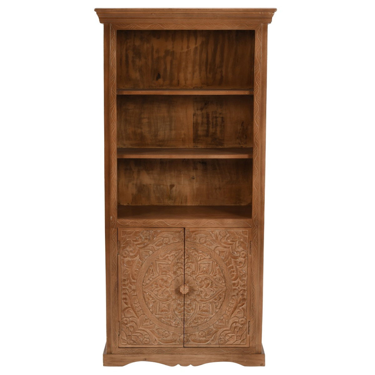 A rustic artwork mango wood large bookcase with warm brown finish, carved doors, and three open shelves