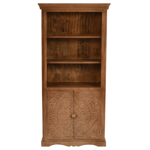 A rustic artwork mango large bookcase in warm brown mango wood with carved doors and three open shelves