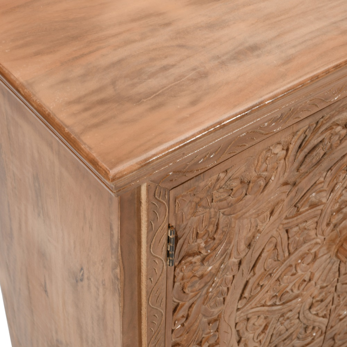 Hand carved wooden artwork mango wood sideboard xl with intricate floral patterns and light weathered finish
