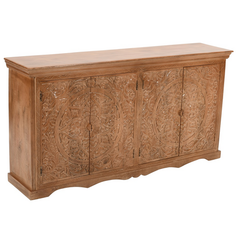 Hand carved wooden mango wood sideboard with intricate circular floral patterns and warm natural finish on four doors