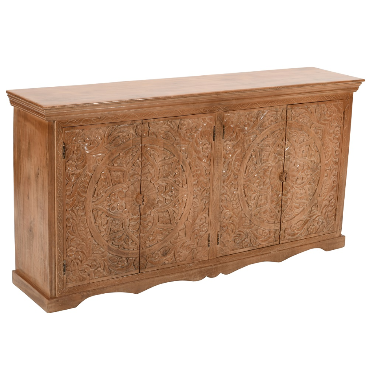 Hand carved mango wood sideboard with intricate circular floral patterns and warm natural finish on four doors