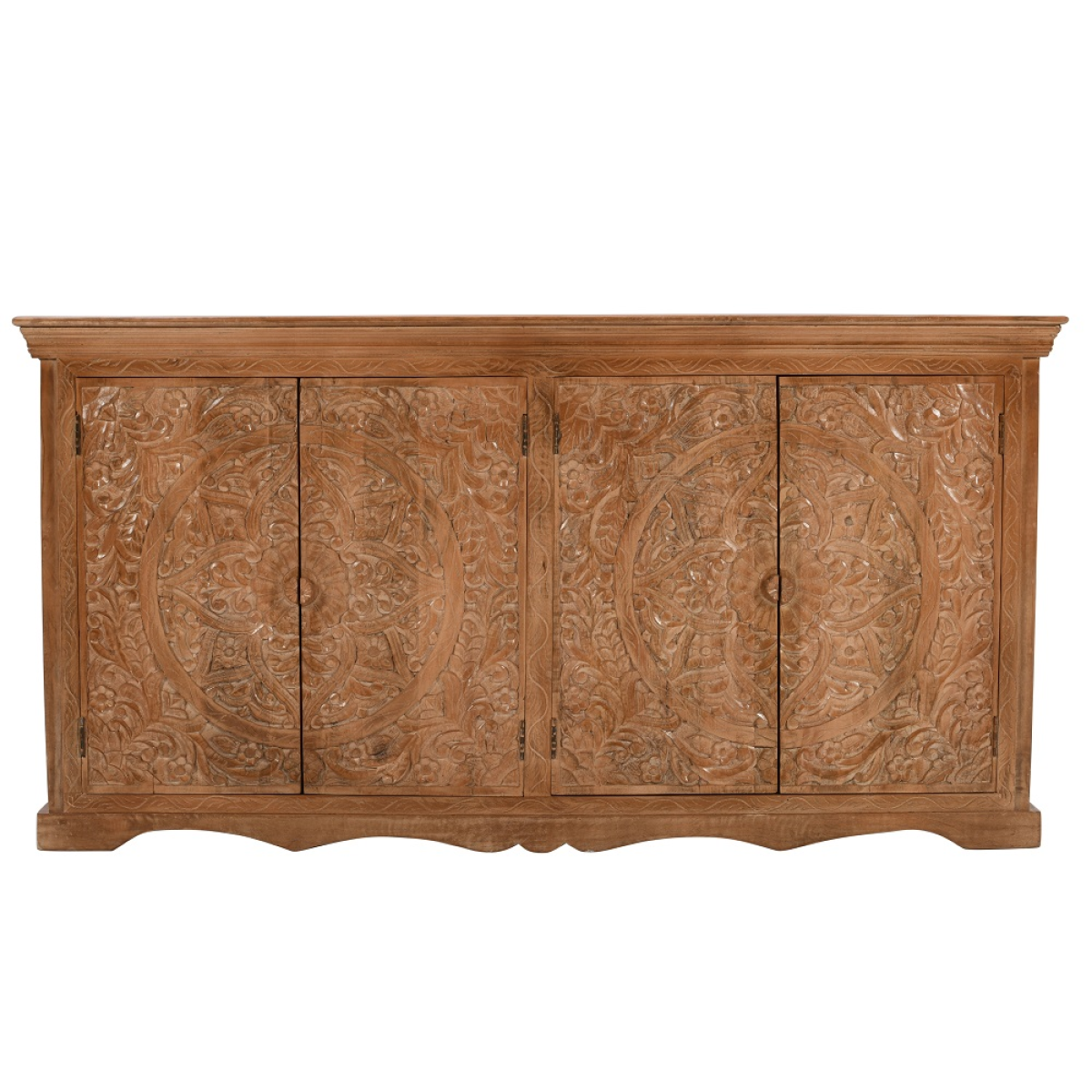 A rustic mango wood sideboard with four carved circular floral doors and a warm natural finish