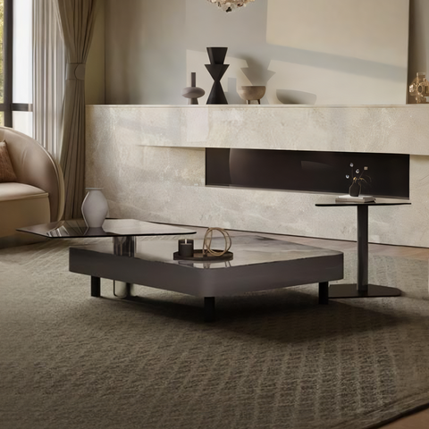 Modern matte black arya nesting coffee table with reflective glass top and sleek metal legs nesting coffee table