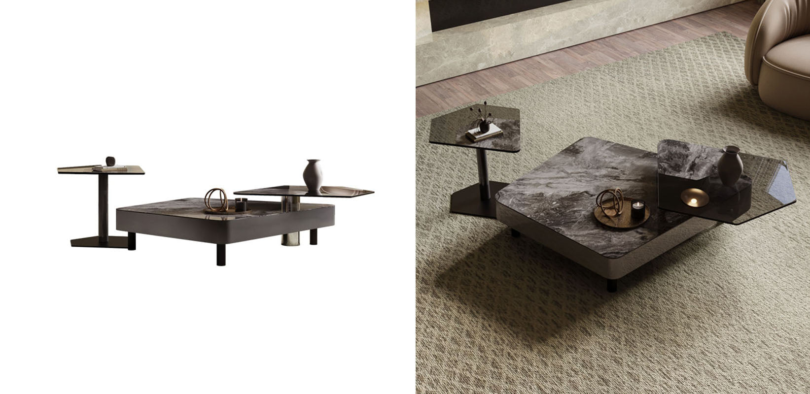 Arya nesting coffee table with a modern dark gray marble top and sleek black metal legs in a rectangular design
