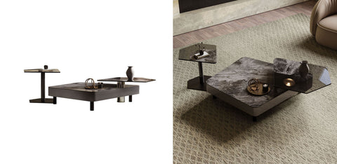 Arya nesting coffee table with a modern dark gray marble top and sleek black metal legs in a rectangular design