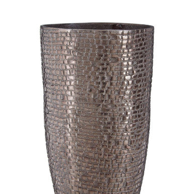 Arya pewter large vase is a tall pewter large vase with a textured metallic silver finish and embossed crocodile skin pattern
