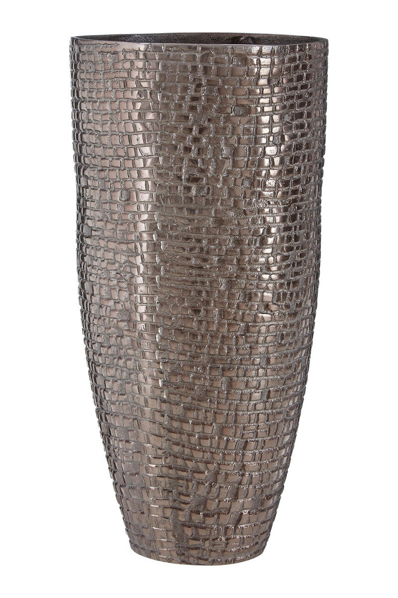 Arya pewter large metallic gray vase with textured woven pattern resembling interlocking squares pewter large vase