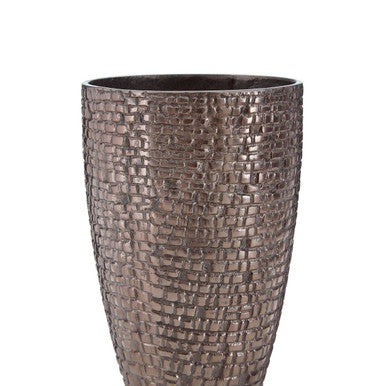 Bronze-colored arya pewter small pewter vase with textured woven pattern resembling interlaced metal strips