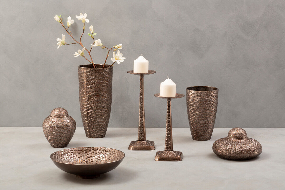 Bronze-colored pewter vase with a textured woven pattern perfect as a small pewter vase or tableware accent