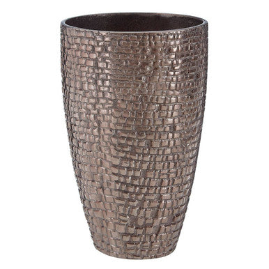 Bronze colored small pewter vase with textured woven pattern resembling interlaced strands ary a pewter small pewter vase