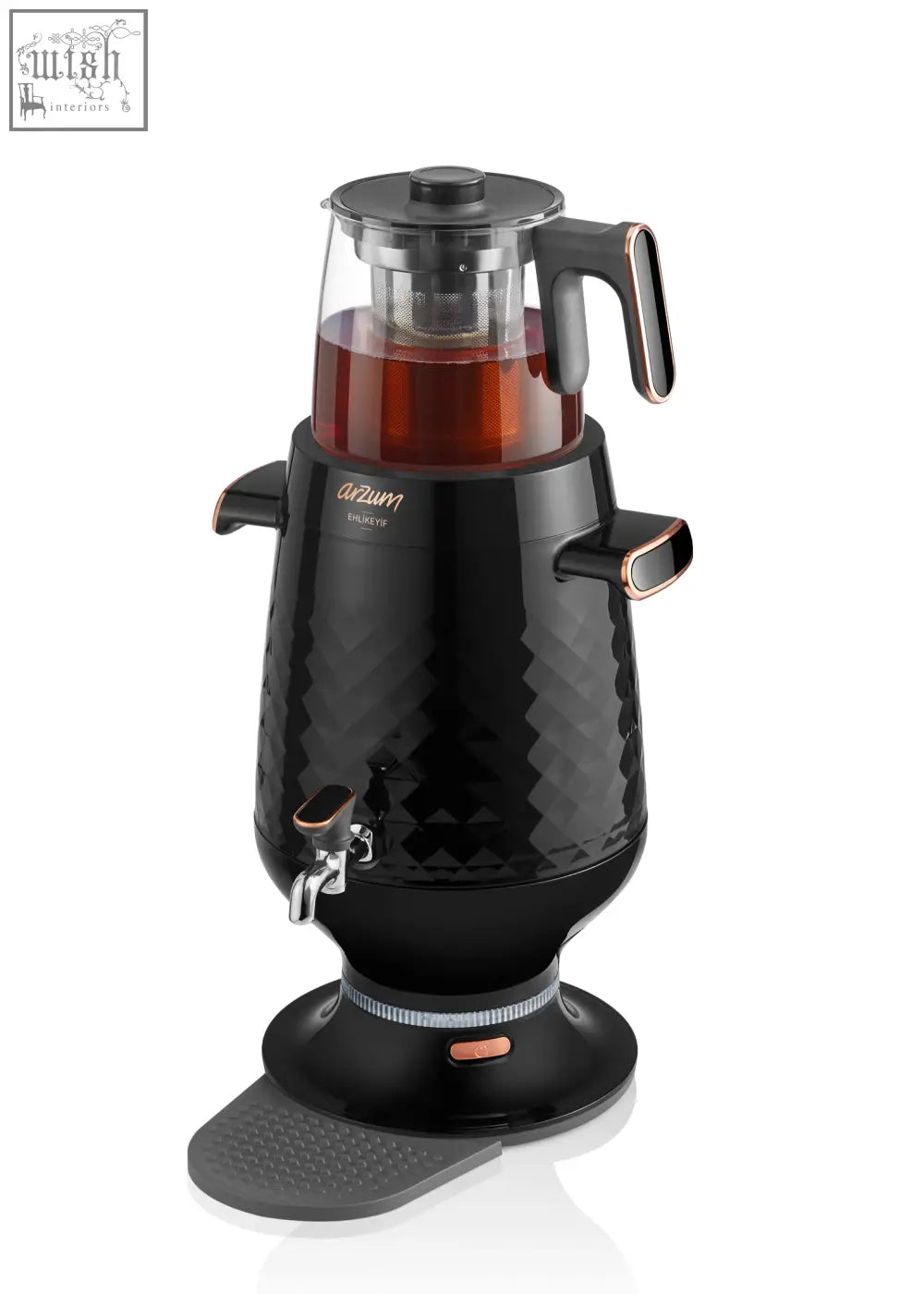 Arzum samovar ar3083 black diamond electric tea maker with transparent glass carafe and rose gold accents