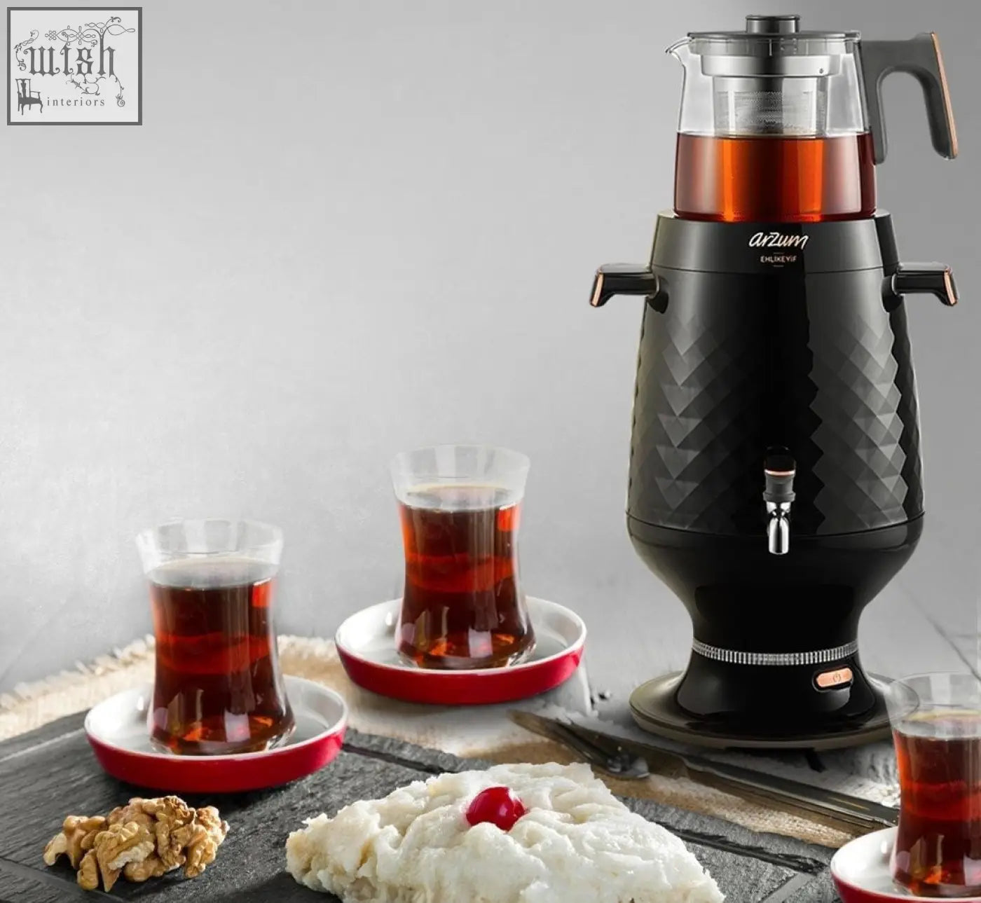 Black geometric-patterned arzum samovar ar3083 electric tea maker with transparent glass top and handle