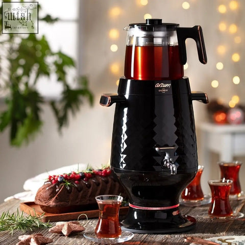 Black textured arzum samovar ar3083 electric tea maker with clear glass top and handle for easy brewing