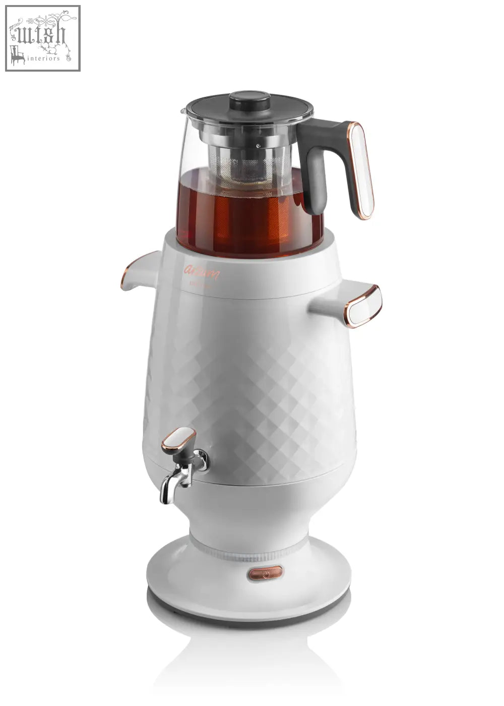 White arzum samovar ar3083 electric tea maker with diamond pattern, glass top with amber tea, and metallic accents