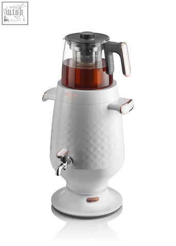 White arzum samovar ar3083 electric tea maker with diamond pattern, glass top with amber tea, and metallic accents