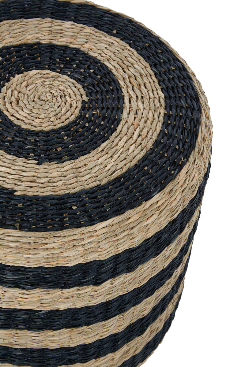 Handwoven ashby seagrass pouffe with black and natural straw stripes perfect as a round seagrass pouffe seat