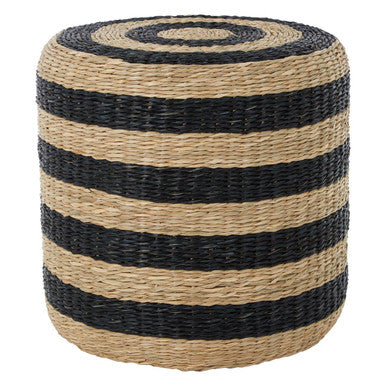Ashby seagrass pouffe with black stripes featuring a woven natural fiber ottoman perfect for cozy seating